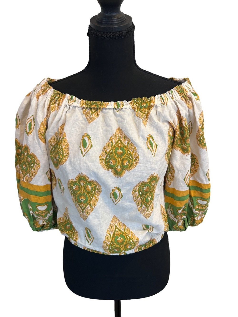 Haute Hippie White Off-Shoulder Blouse with Green and Gold Motif Linen Blend XS